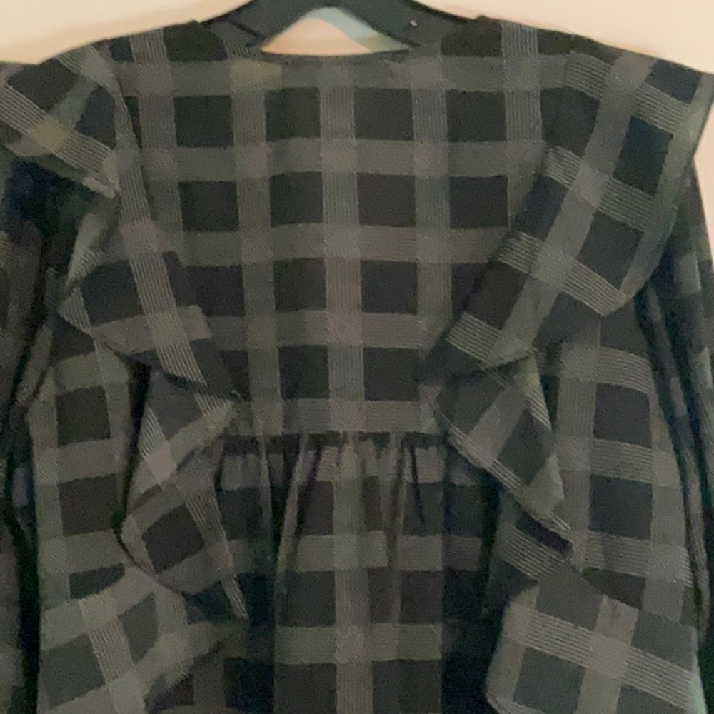 Loft Blouse Plaid Print Grey White Puff Sleeve Ruffle Bowes Size Medium - Picture 5 of 6